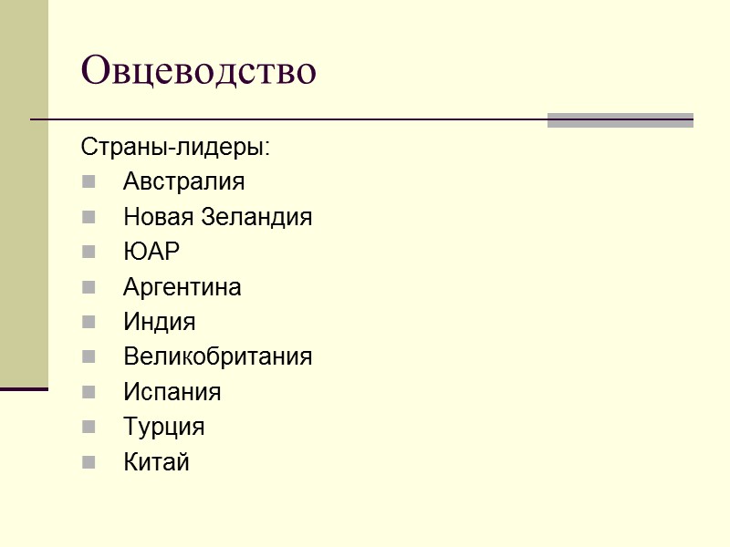 Овцеводство Страны-лидеры: Австралия Новая Зеландия ЮАР Аргентина Индия Великобритания Испания Турция Китай